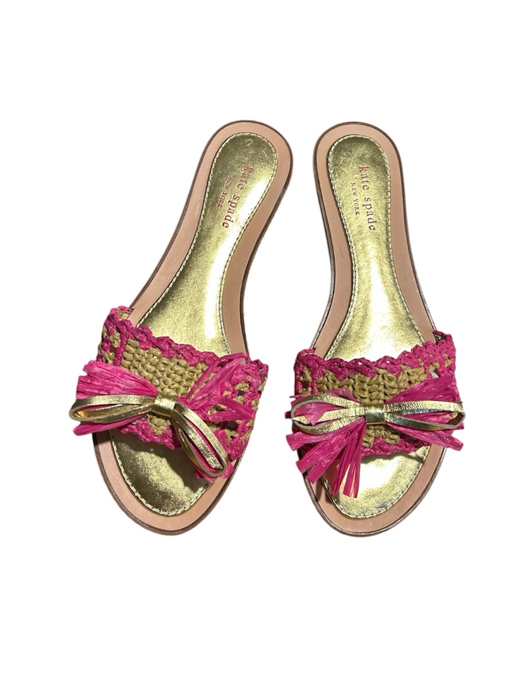 Kate Spade Pink Raffia and Gold Bow Amelia Slide Sandals